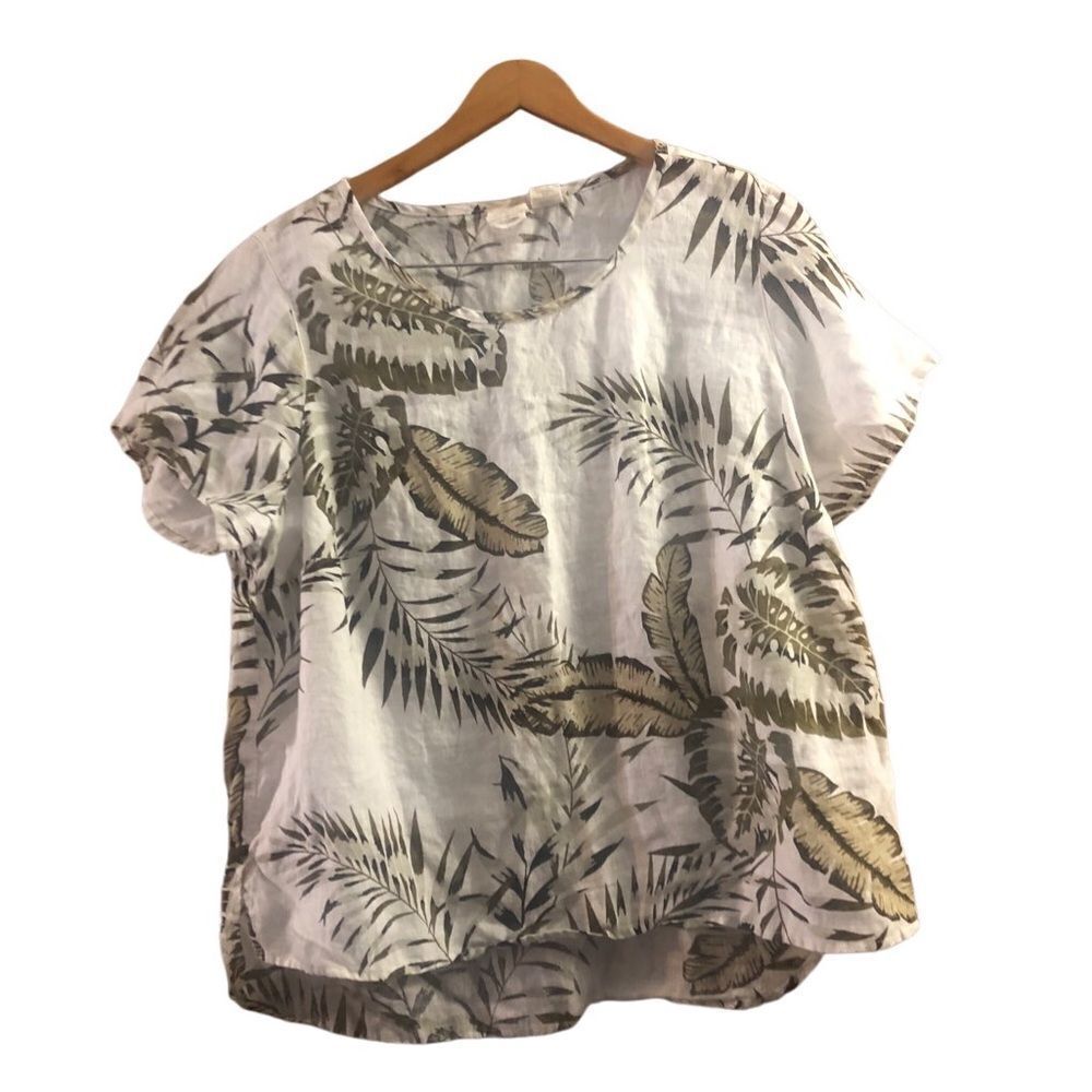 C & C California 100% Linen Blouse Olive Green Leaves Tropical Short Sleeve Top